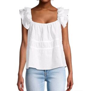 Harshman Alize White Linen Blend Seersucker Ruffle Sleeve Peplum Blouse XS NWT
